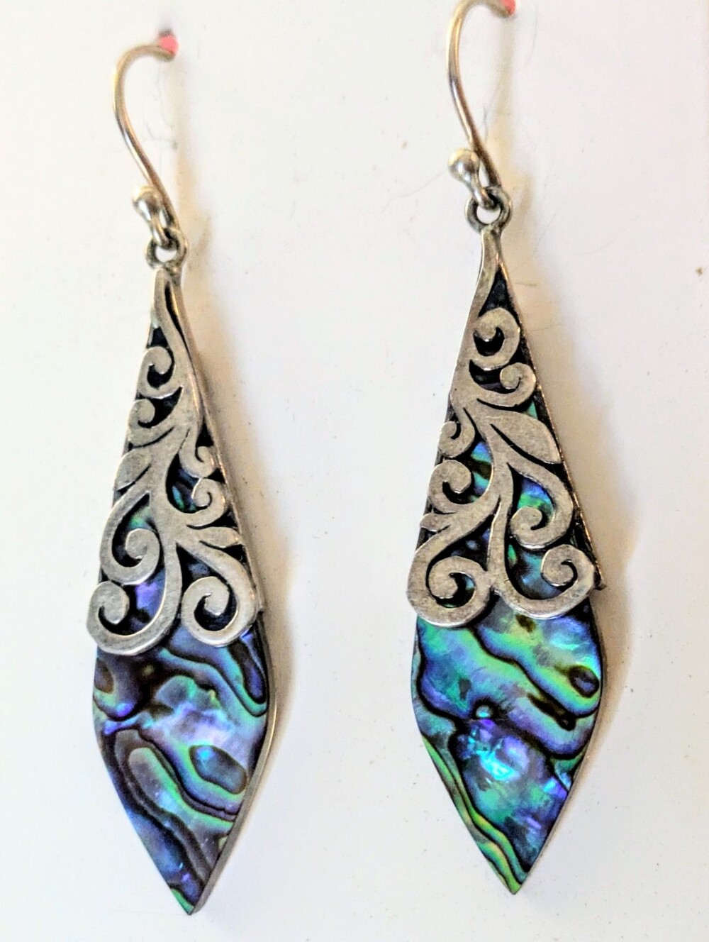 Sterling Silver Filigree & Irridescent Teardrop Abalone Earrings ATI 925 2.25"